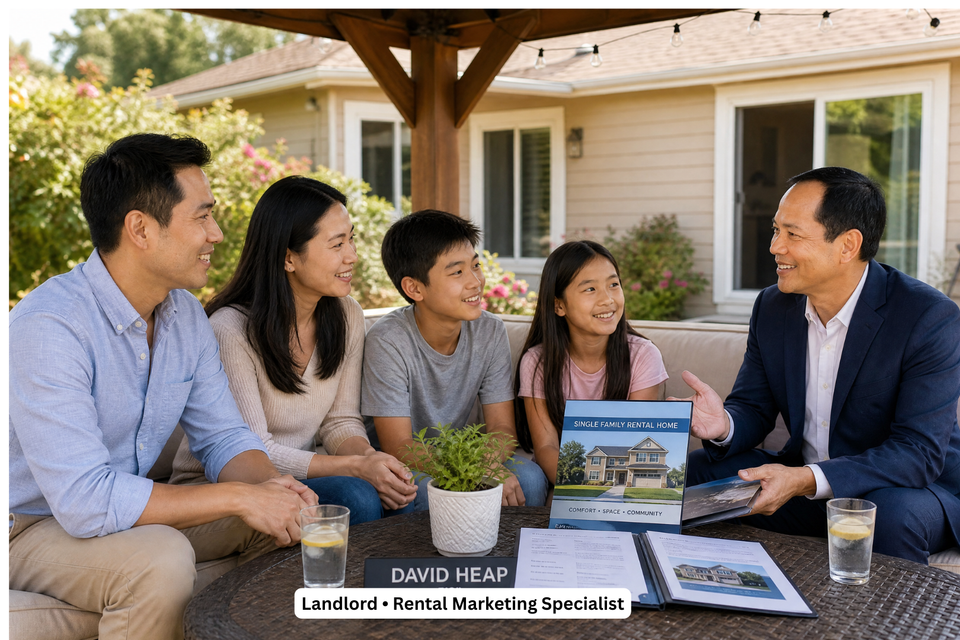 Rental marketing specialist meeting with a Southern California family to discuss marketing a rental property.