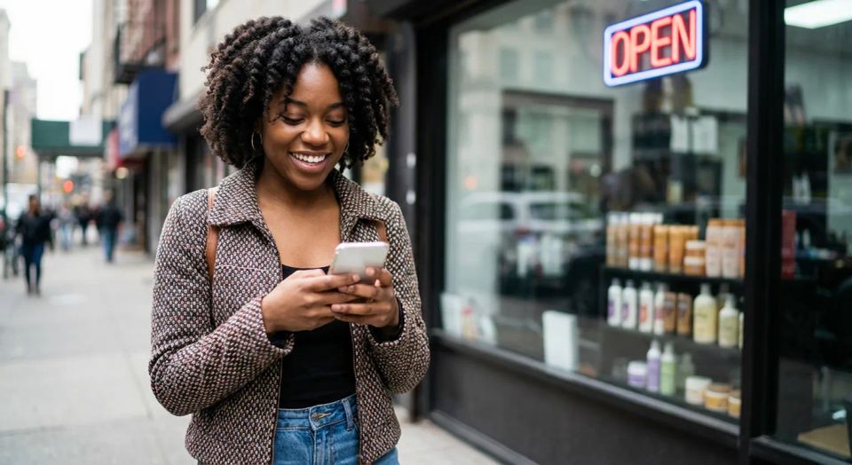 Smiling customer checking her appointment confirmation on a phone outside a local beauty salon