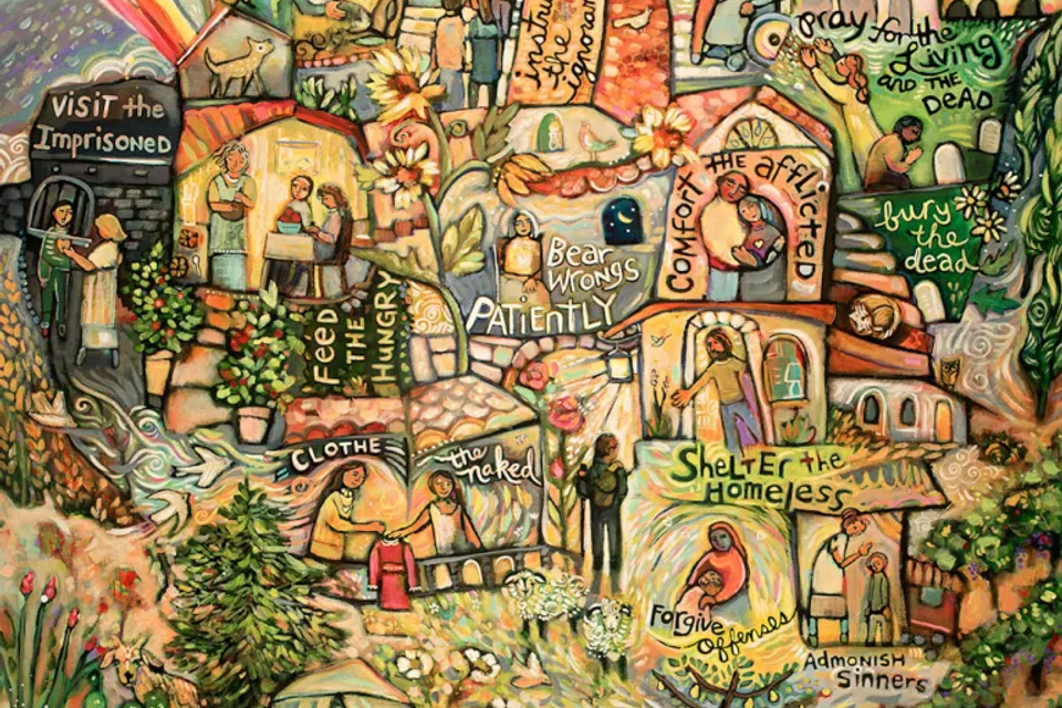 “Colorful artwork depicting the Corporal and Spiritual Works of Mercy, including feeding the hungry, sheltering the homeless, and comforting the afflicted.”