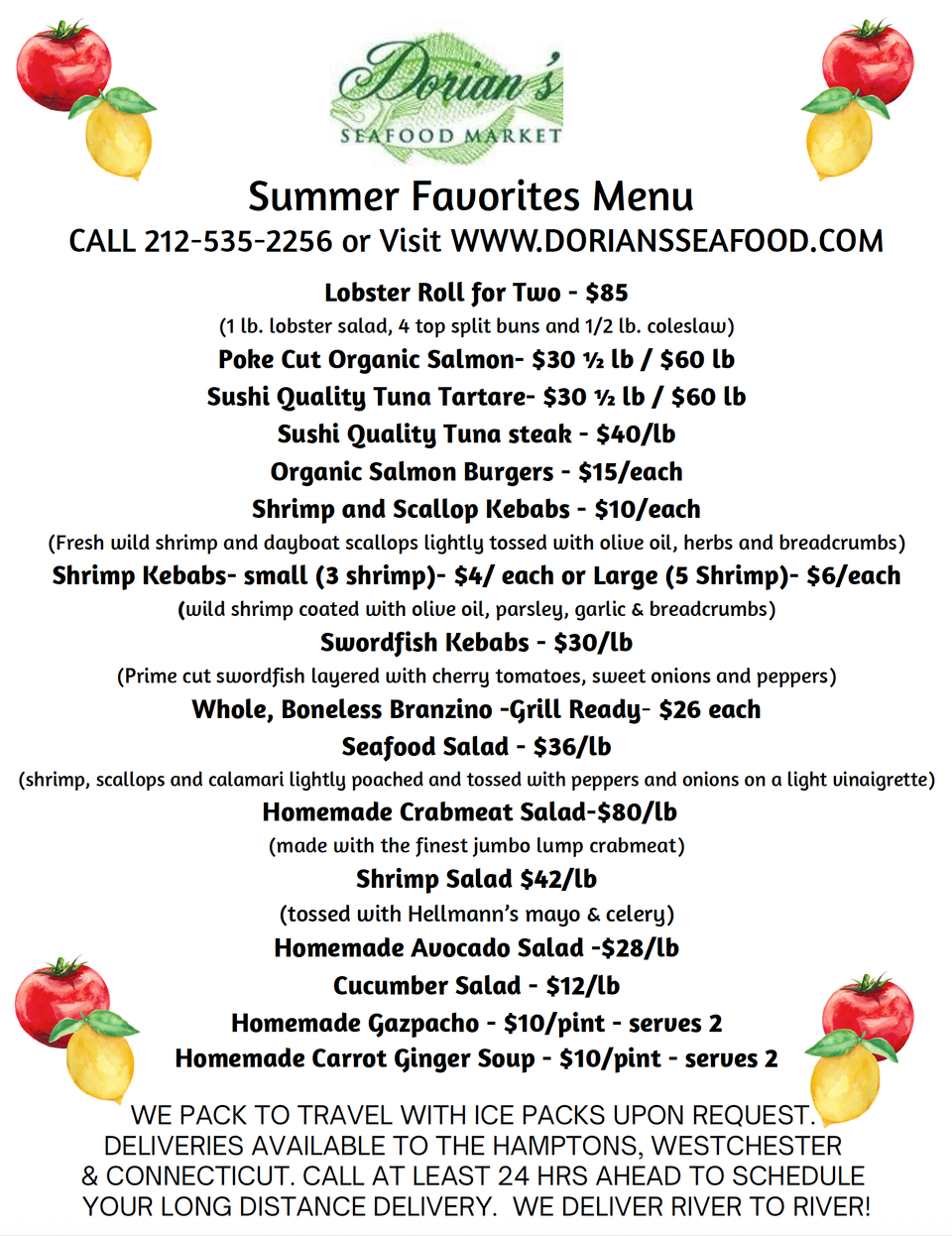 Summer favorites menu