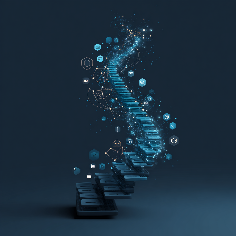 A helix of keyboard keys swirling up with teal and gradient blue signifying SEO/AEO/GEO blogging 