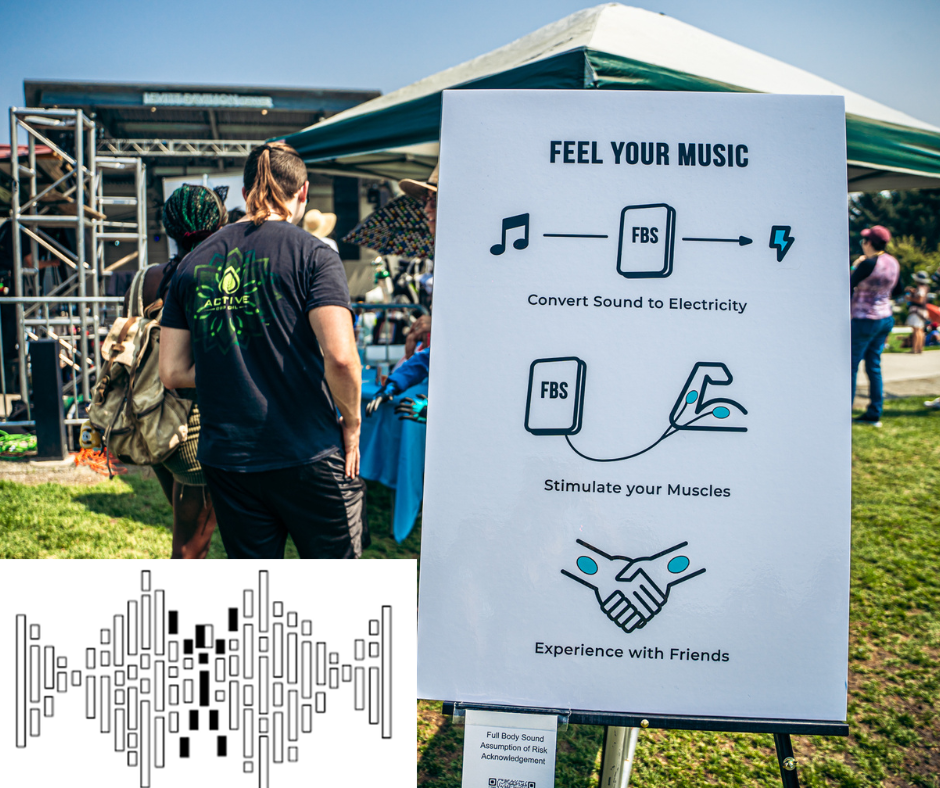 Full Body Sound vendor booth at Shine Music Festival 2021. The sign reads "Feel your music. Convert sound to electricity, stimulate your muscles, experience with friends. In the background is a group of people in line to try the device.