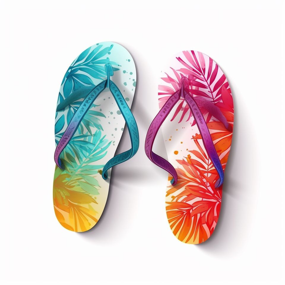 Pair of colorful flip flop with palm leaf design