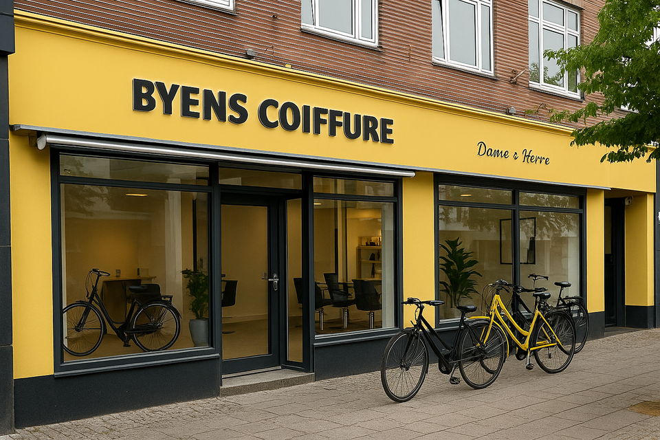 Byens Coiffure – moderne frisørsalon med store facadevinduer og imødekommende atmosfære Frisørsalon med navnet Byens Coiffure, gule facade, store vinduer og cykler parkeret foran butikken i dagslys