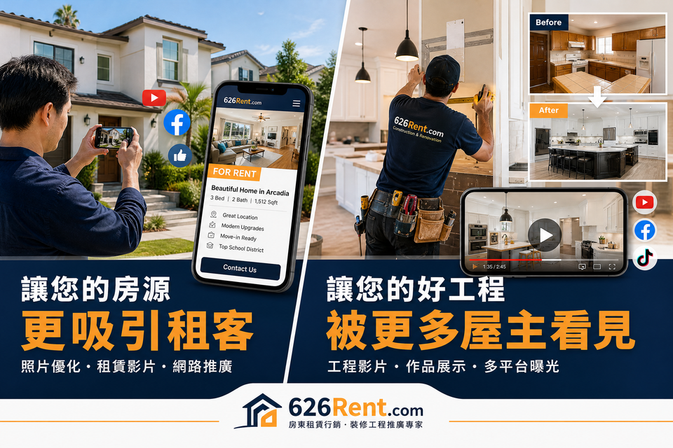 626Rent.com 房東租賃營銷與裝修工程展示｜房源照片、租賃影片、工程影片及多平台推廣