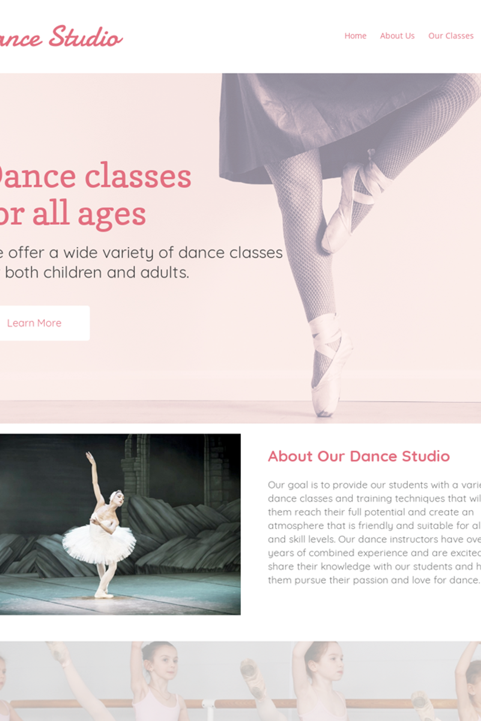 Dance Studio Sample Website Homepage
