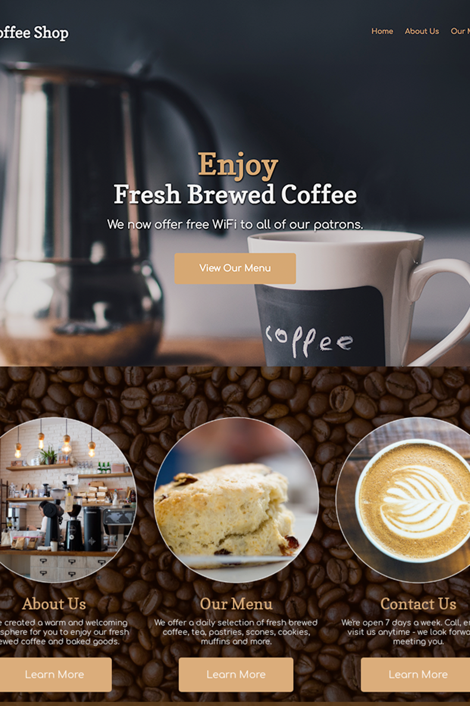 Coffee Shop Sample Website Homepage
