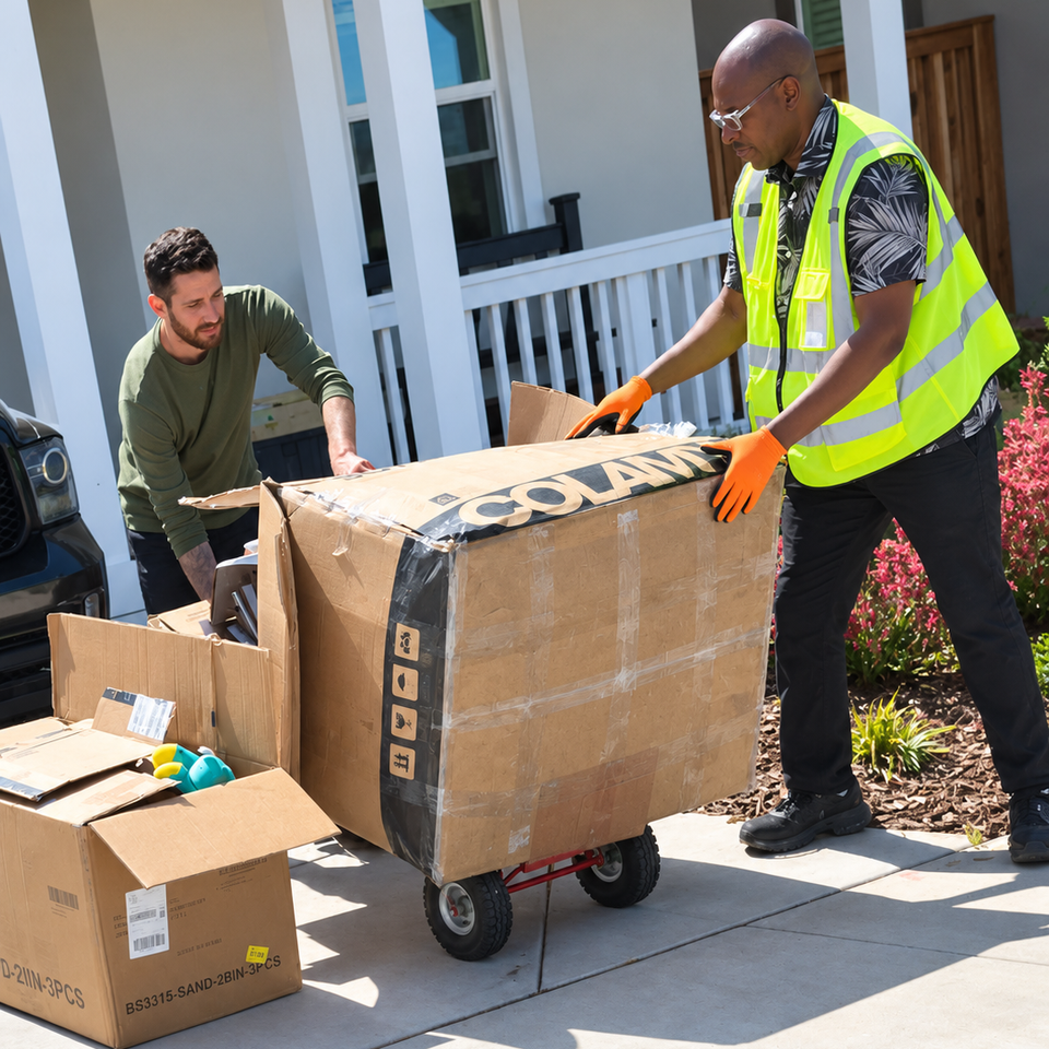 Sunny suburban delivery team unloading furniture