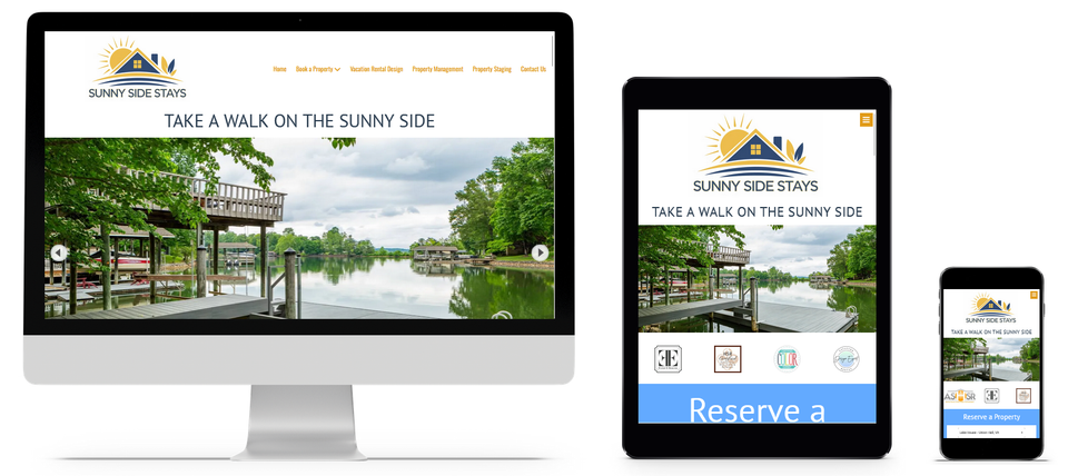 Sunny Side Stays vacation rental website shown on desktop, tablet, and mobile for properties in Harpers Ferry West Virginia and Frederick Maryland.