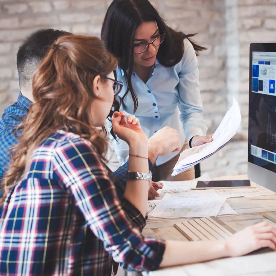 A group of web designers discussing the project