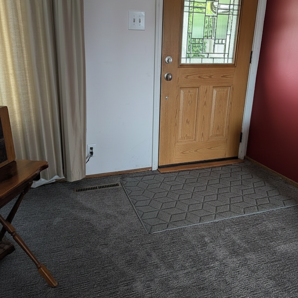 Professional carpet runner installation on a residential staircase with precision tucking and custom upholstery work by expert flooring contractors.