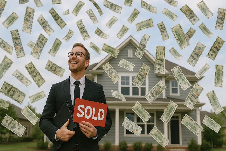 Realtor holding SOLD sign in front of house with money falling from the sky, symbolizing a successful and profitable home sale.