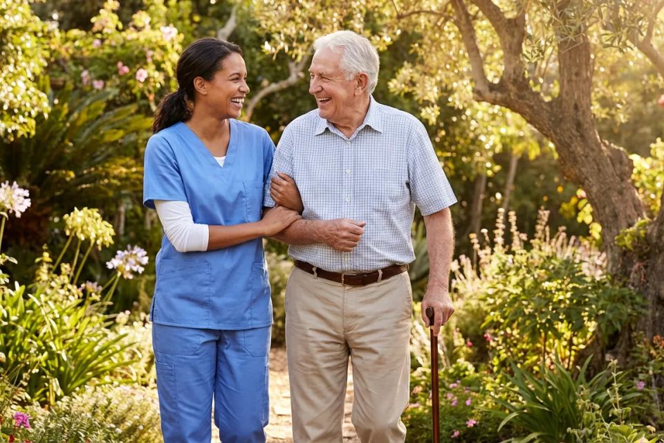 Smiling caregiver walking arm-in-arm with an elderly gentleman in a lush, green garden.