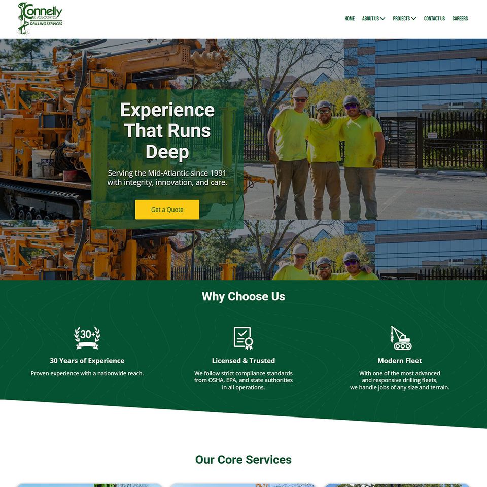 Website preview of Connelly and Associates Drilling Services, highlighting professional drilling capabilities across the Mid-Atlantic region.