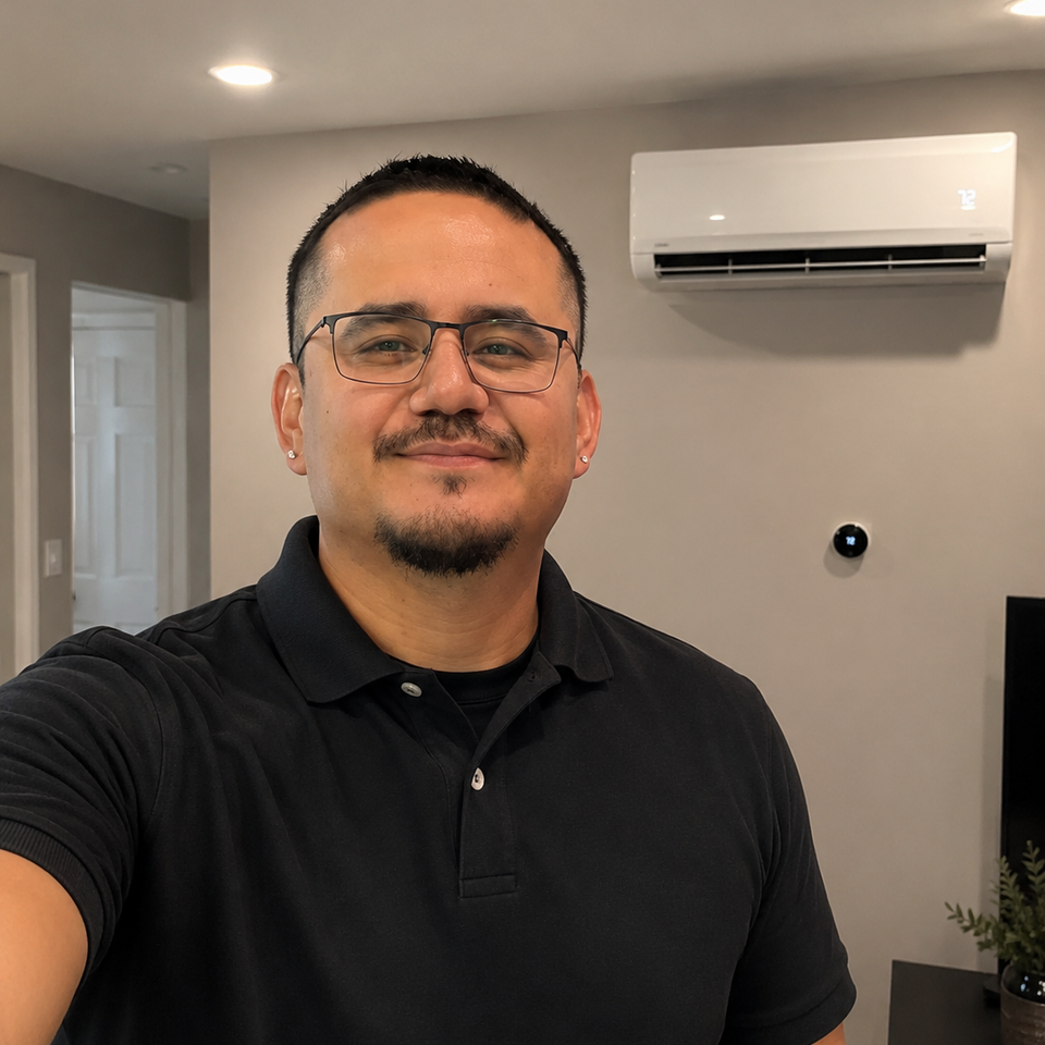 Brian, HVAC service technician at SoCal Air Conditioning & Heating, standing in front of a professionally installed ductless mini-split system in a Coachella Valley home.