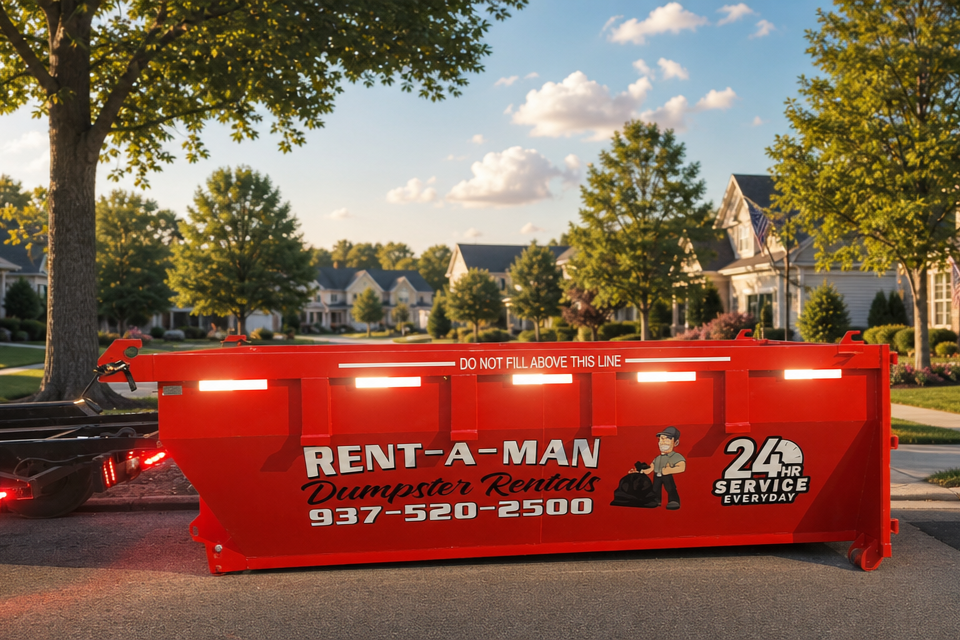 Rent-A-Man dumpster delivered to a residential neighborhood.
