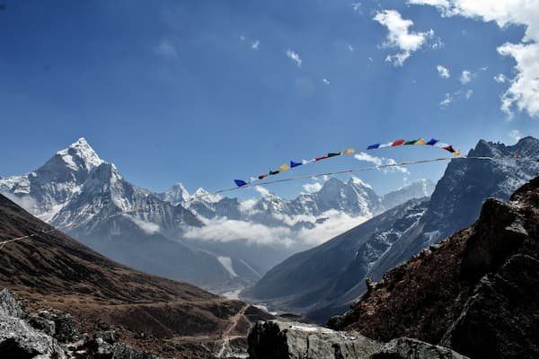 Prayer flags blowing in the wind of the Andes mountains 