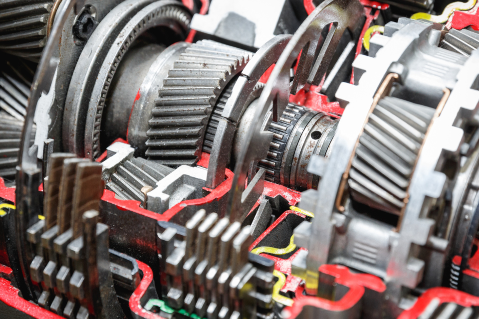 Close-up of transmission gears and mechanical components.