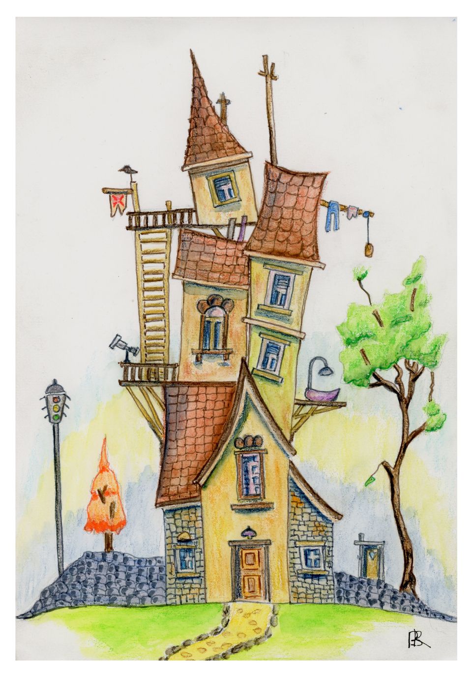 An illustration of a house with two trees nearby, depicting a peaceful residential setting.