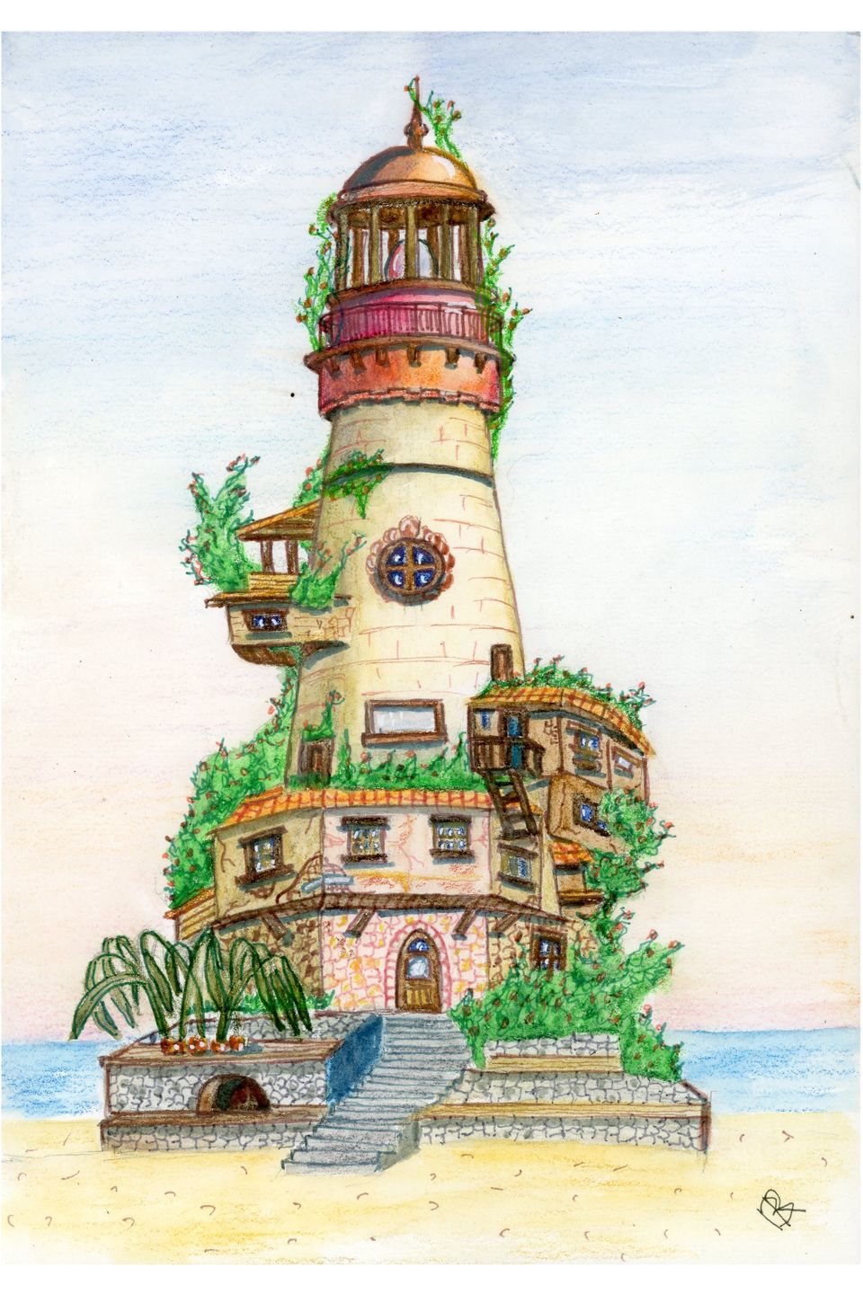 Illustration of a lighthouse topped with various plants, showcasing a blend of nature and maritime architecture.