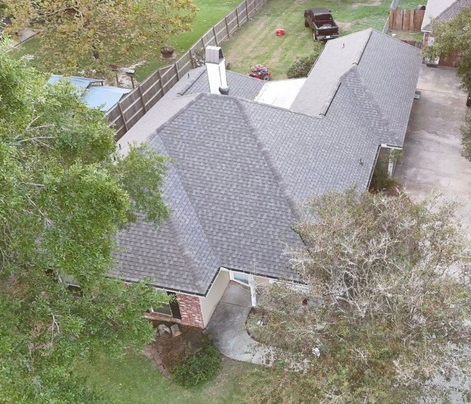 Ariel view of a residential roof replacement by Teal Roofing in Walker, La.