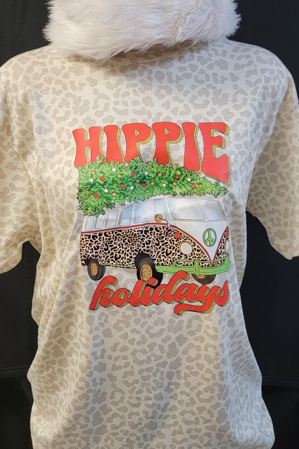 "DTF Direct-to-Film" example - "Hippie Holidays"  holiday design on tee shirt