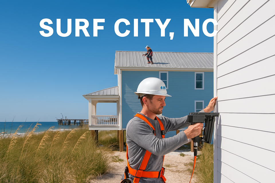 Nova Roofing employee installing siding on coastal home in Surf City NC with ocean and pier view