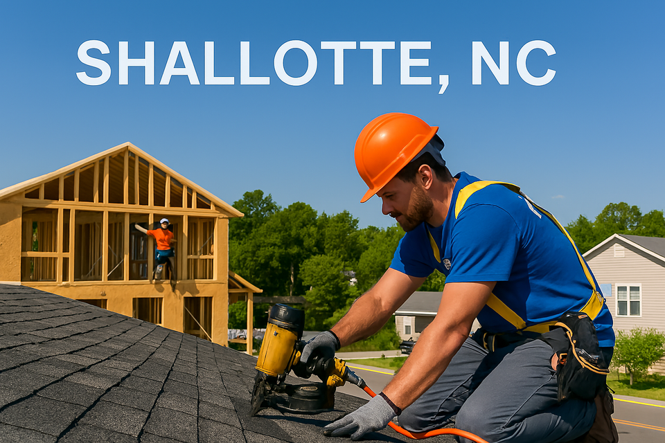Nova Roofing employee installing shingles on Shallotte NC roof with crew framing house in background