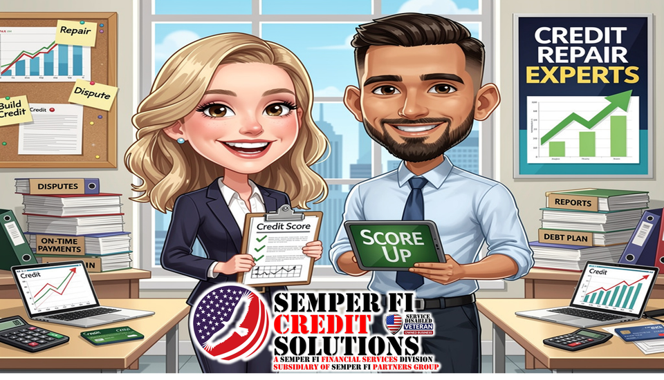 Semper fi financial services credit repair professionals caricatures with logo