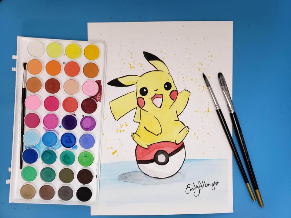 Pikachu pokeball pokemon watercolor how to paint artist emily albright 01