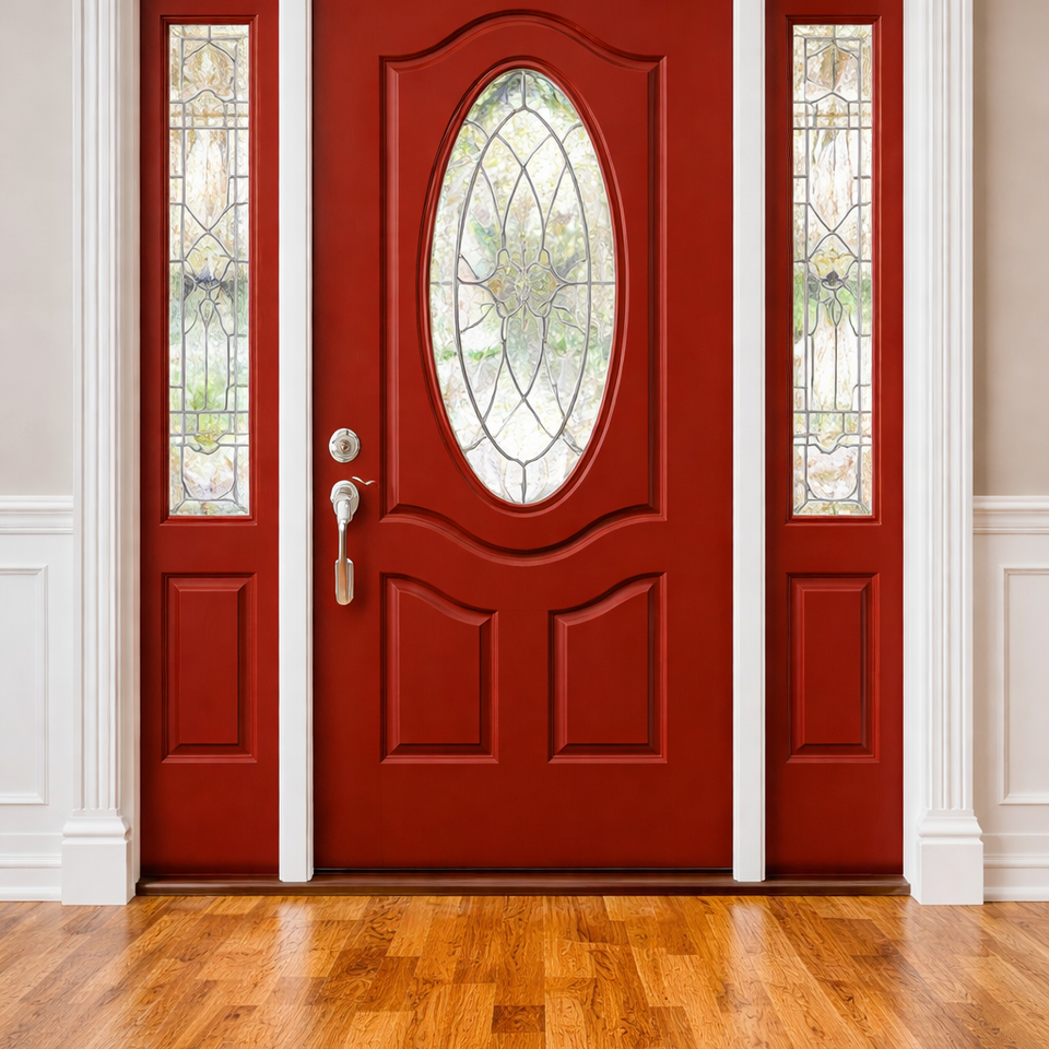Elegant red front door with glass details