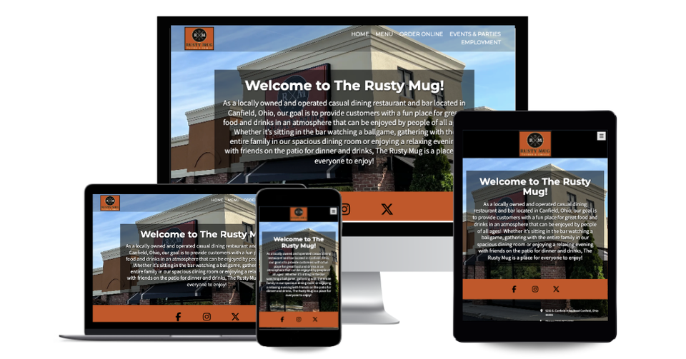 Responsive website for The Rusty Mug displayed on a desktop computer, laptop, tablet, and smartphone, designed by EzSites4U Web Design.