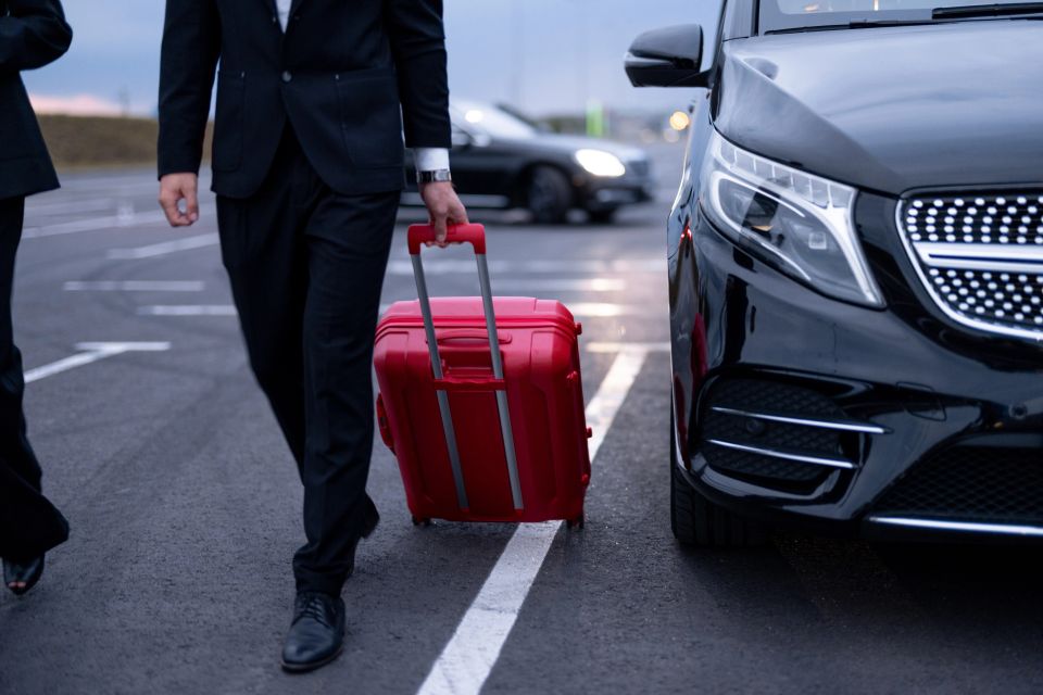 Business couple walking with a suitcase on parking lot