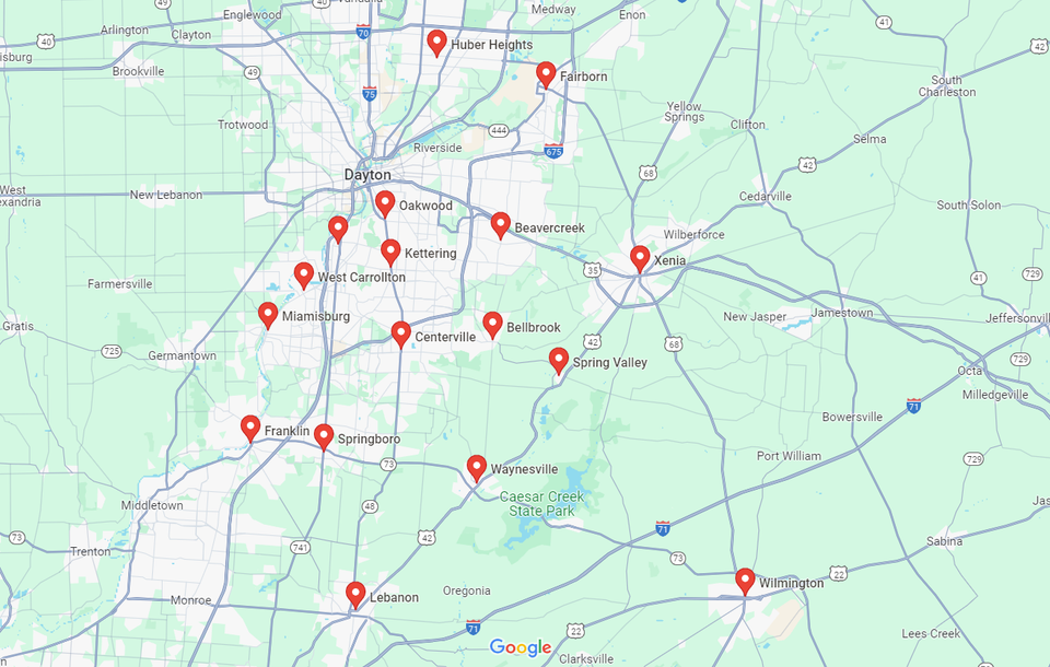 Service area map highlighting the Dayton, Ohio region and surrounding communities served by E & D Roofing, Inc.