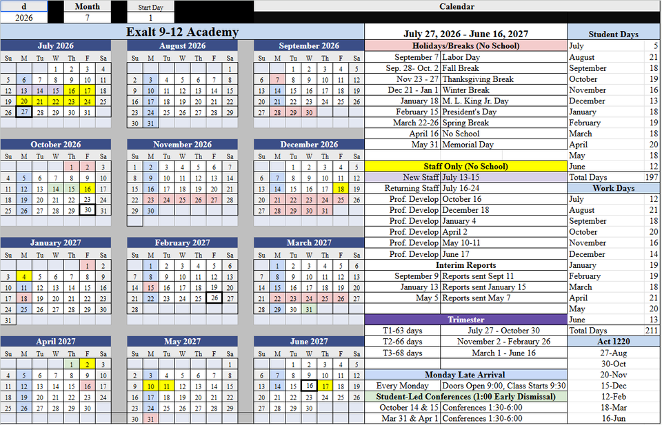 High school exalt academy calendar 2026 2027