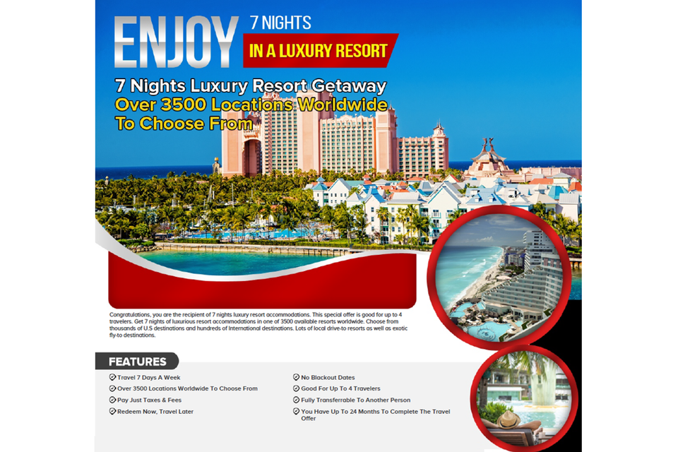 7 nights luxury resort getaway   3500 + locations   png