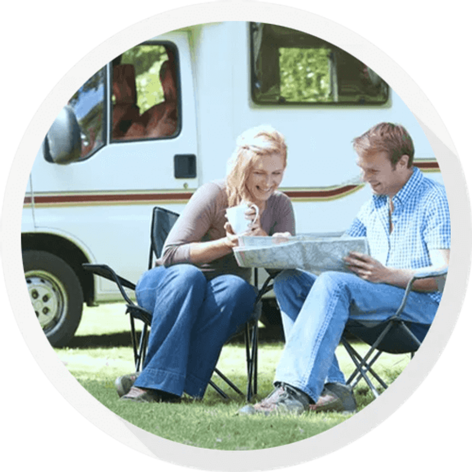 Couple sitting outside by rv