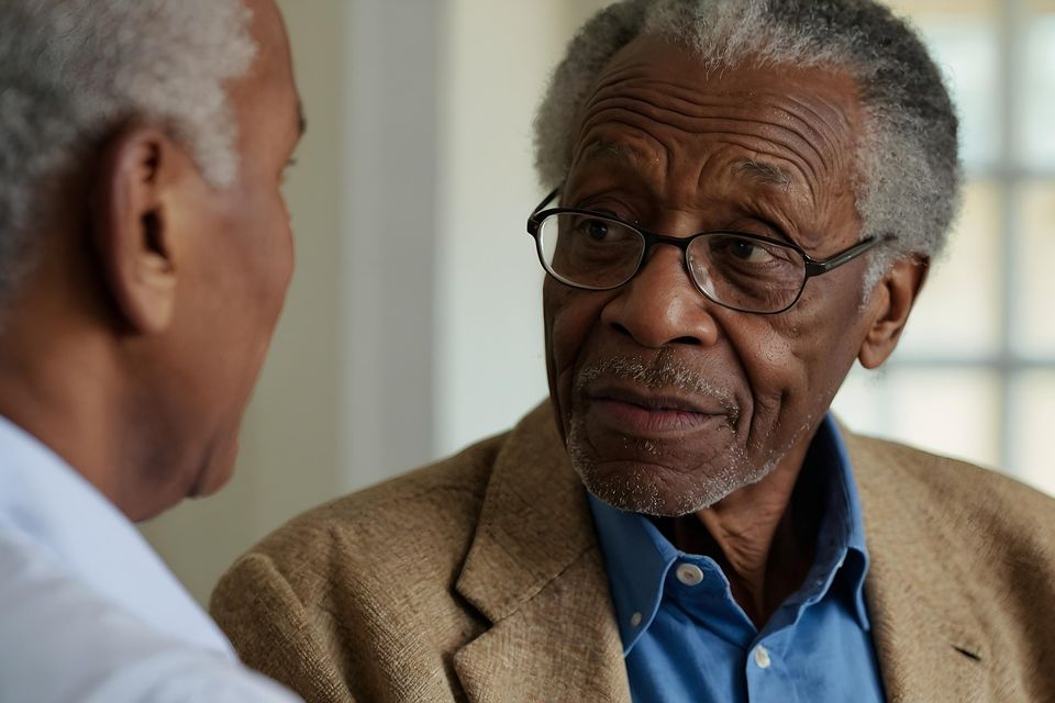 Caregiver and senior conversating about day to day activities
