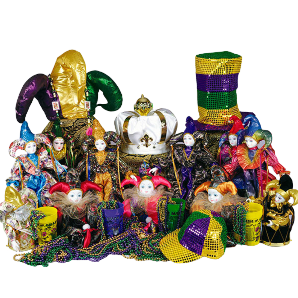 Assorted Mardi Gras hats and throws available at Jefferson Variety Store