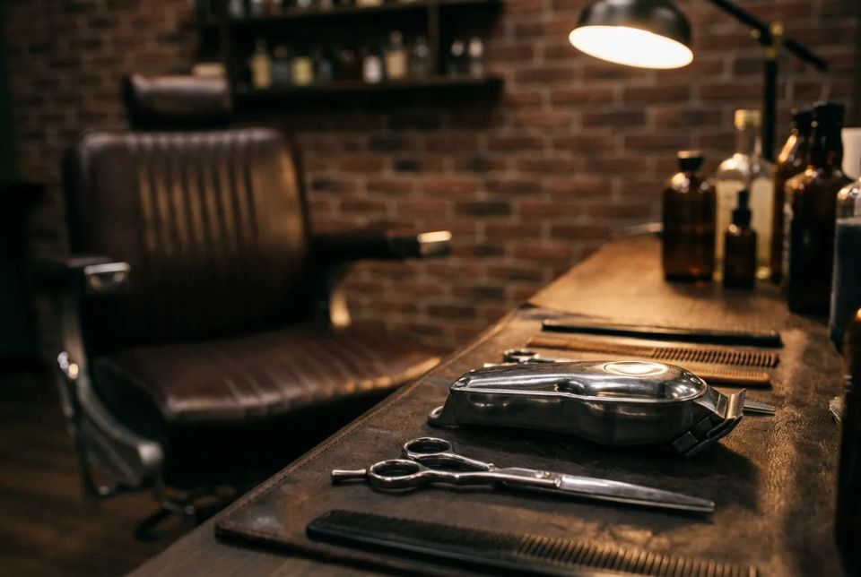 Vintage style barber station with electric clippers, scissors, and amber product bottles ready for a haircut