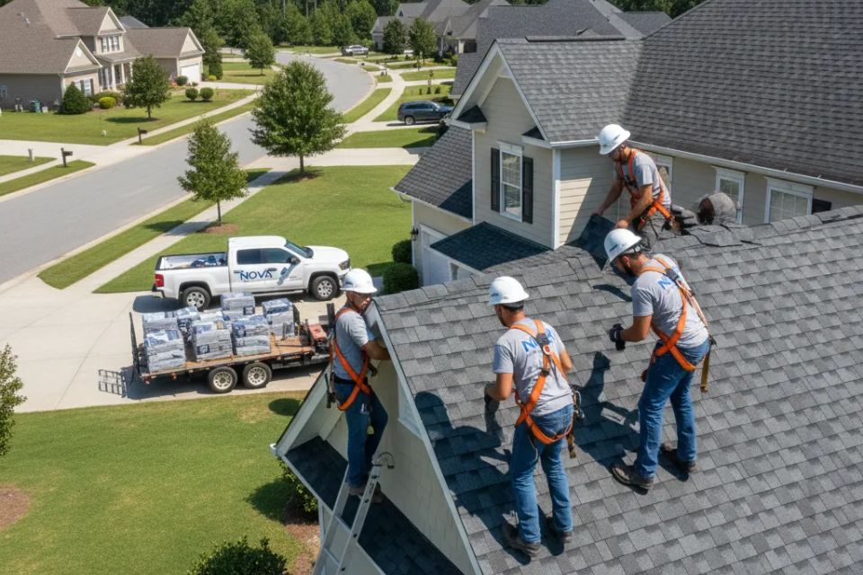 Nova Roofing + Construction LLC specialized commercial roofing team applying a TPO membrane system to a large flat roof building in an urban North Carolina service area.