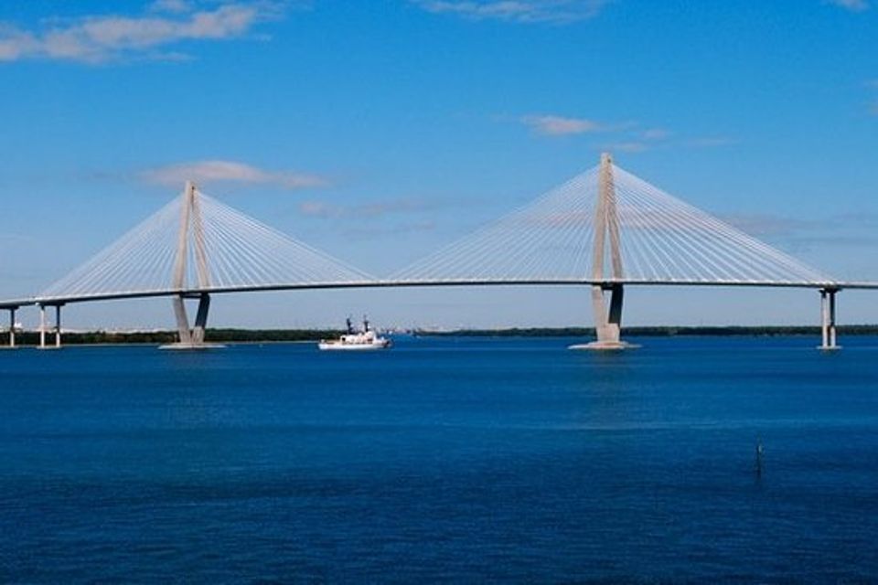 The Arthur Ravenel Bridge viewed from the water during a Charleston Harbor boat tour with LowCountry Coastal Excursions