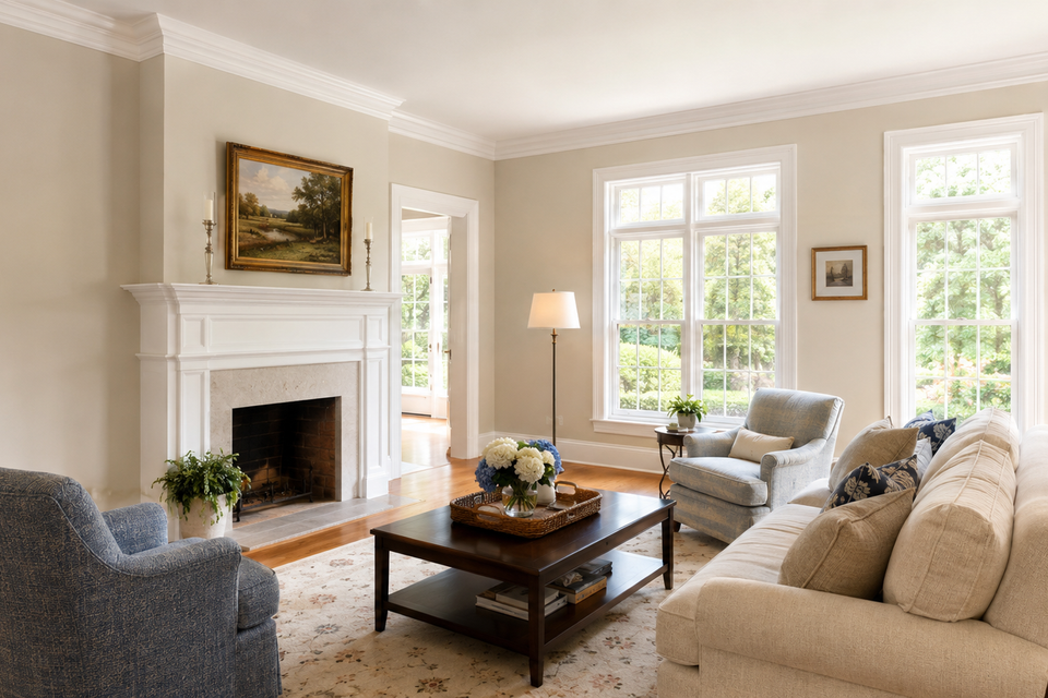 Clean trim and crisp crown molding details by professional residential interior painters in Chester County