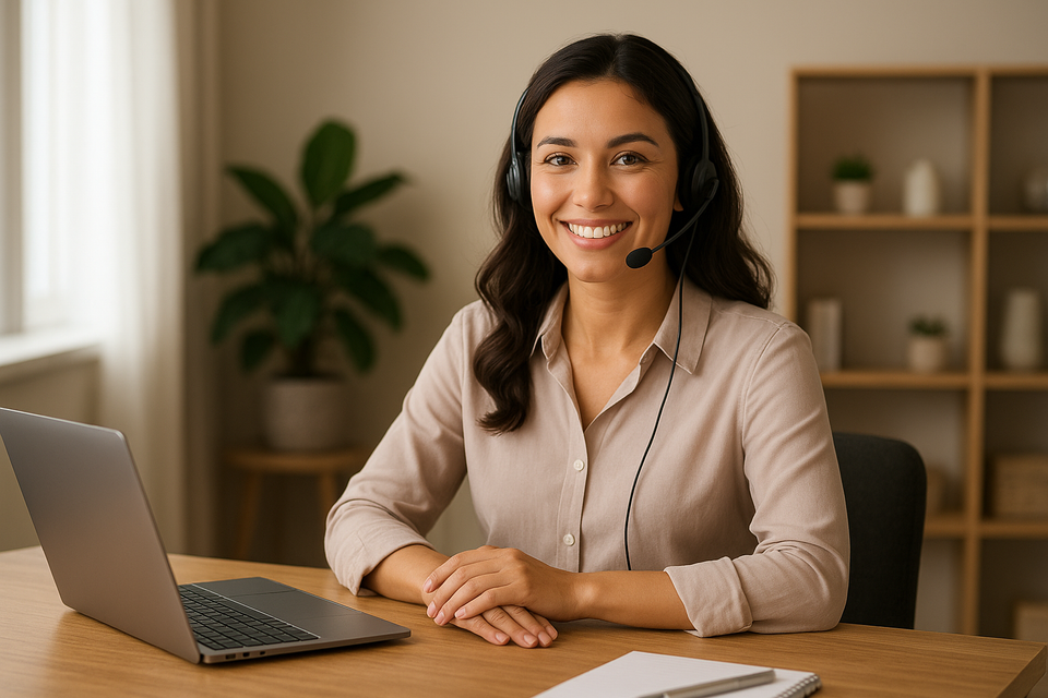“customer service representative smiling with headset in a cozy office setting”
