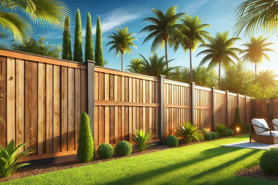 Dall·e 2025 02 19 14.07.48   a realistic image of a shadow box wood fence  professionally installed in a sunny  florida themed backyard with green grass  palm trees  and a bright 