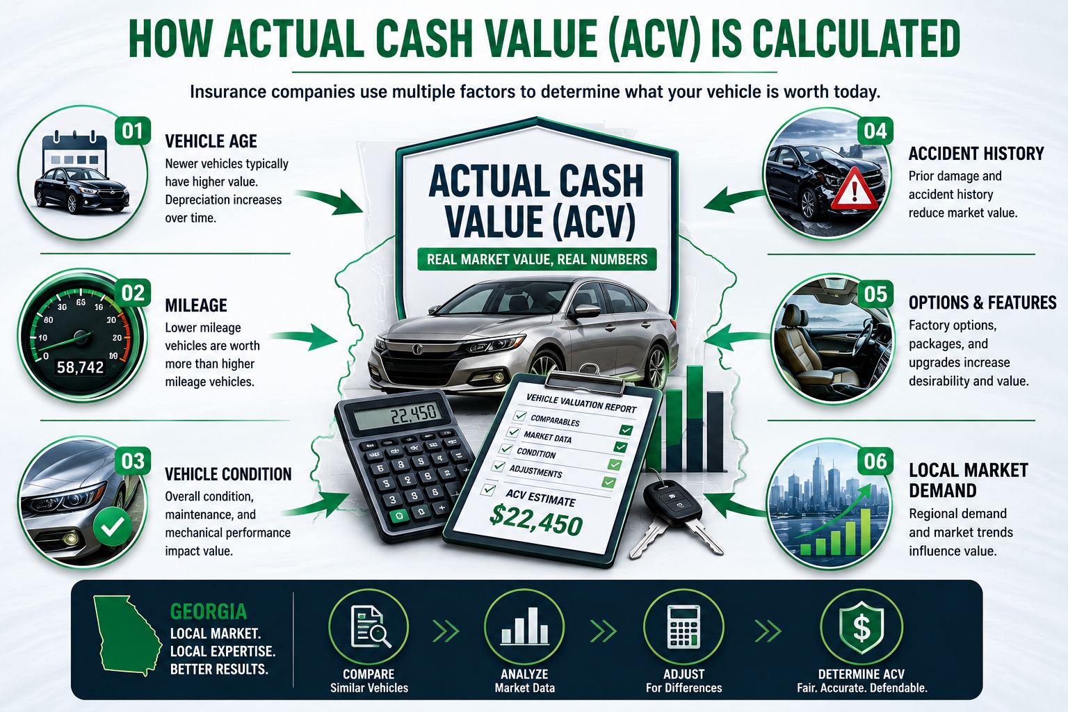 How insurance companies calculate Actual Cash Value using mileage condition accident history options and market demand