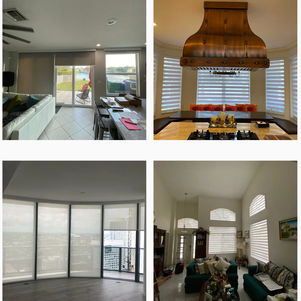 BJ&S Blinds installations featuring roller shades in a family room and high-rise apartment, zebra shades in a dining area, and layered shades in a tall ceiling living room