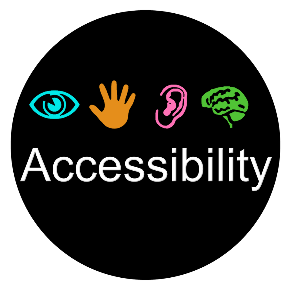Black circle with the word Accessibility and eye, hand, ear, and brain icons