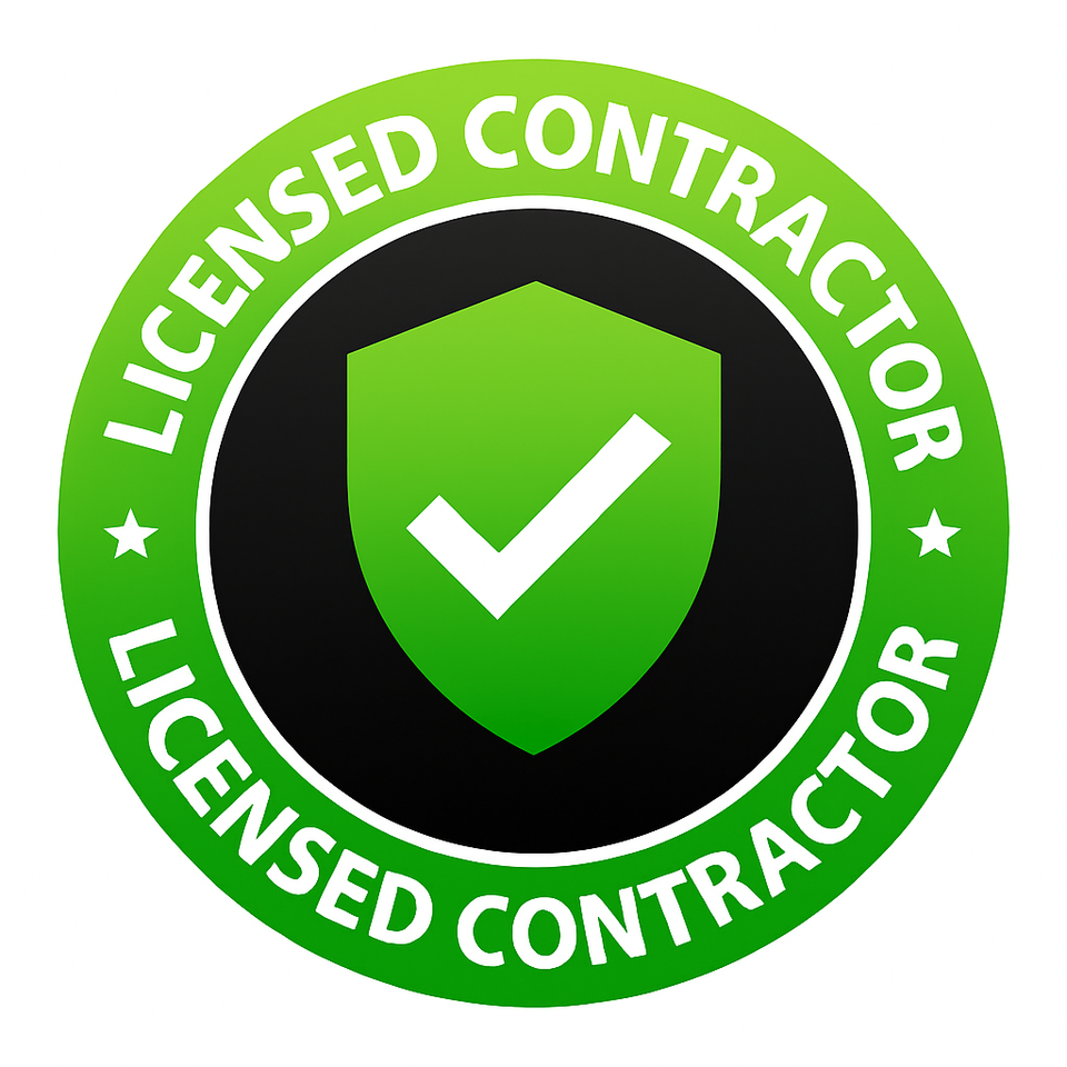 Green circular badge with white checkmark shield and text Licensed Contractor for credibility assurance