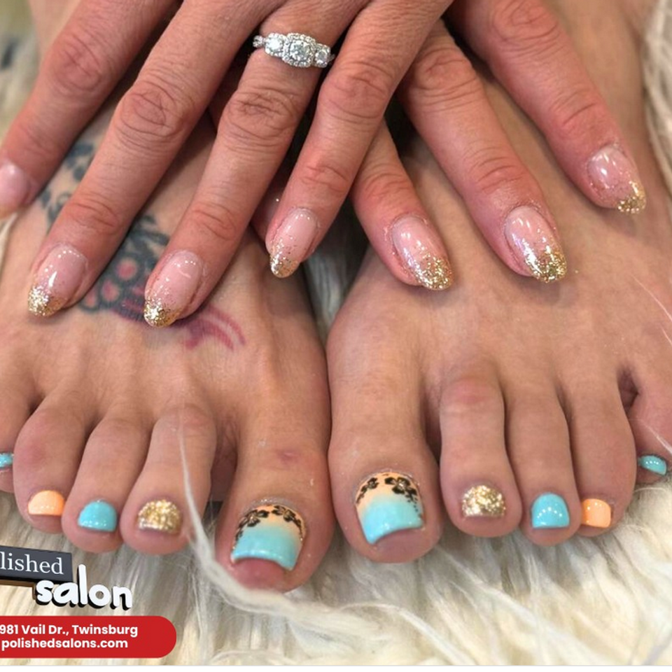 Screenshot 2025 05 19 at 06 25 44 polished salon fresh nails happy vibes 💅✨ loving this soft glam with a pop of playful toes – just the right touch of sparkle! 🌟🧡💙 check out our website.... instagram